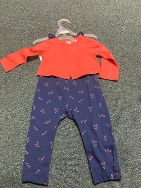 child of mine Navy Cherry Print Romper with Coral Cardigan
